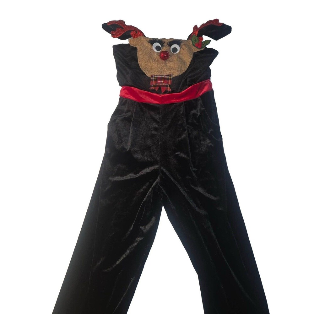 Womens (Jrs) Black Velvet Reindeer Christmas Holiday Overalls Jumpsuit Medium M